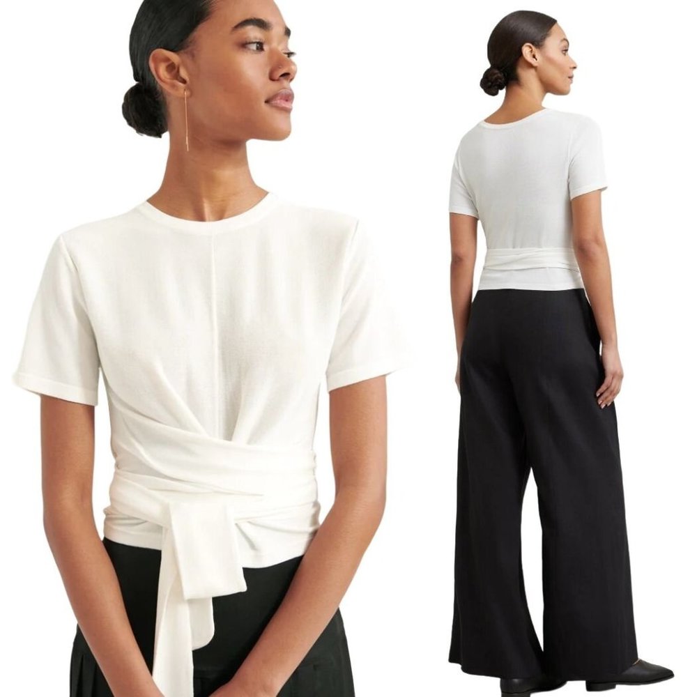 Modern Citizen White Crew Neck Short Sleeve Jude Cropped Wrap Blouse Size M
